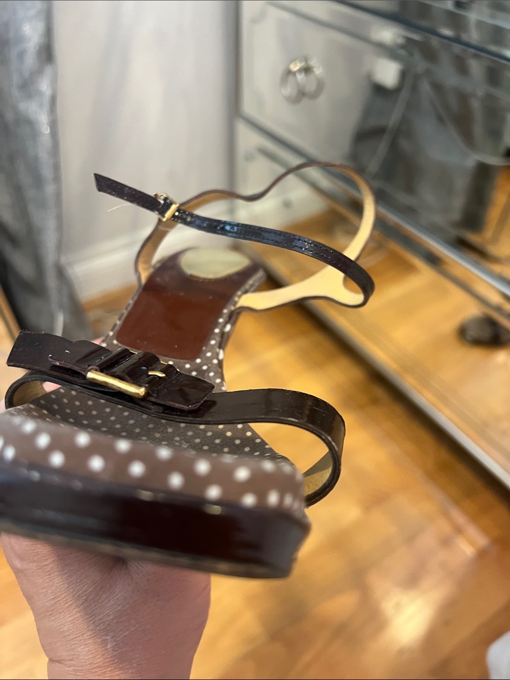 Casadei Brown Patent Leather Polka Dot Wedge Sandals - Picture 7 of 11